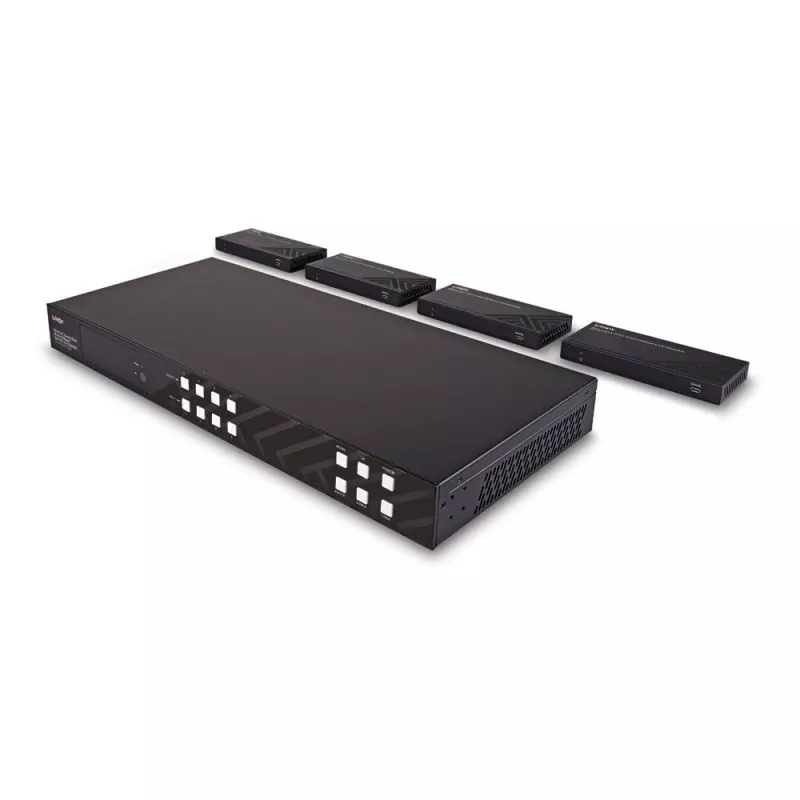 Lindy 150m Cat.6 4x4 HDMI 4K60 HDBaseT matricos plėtiklis, 3840 x 2160 pikseliai, AV siųstuvas ir imtuvas, 150 m, laidinis, juodas, HDCP