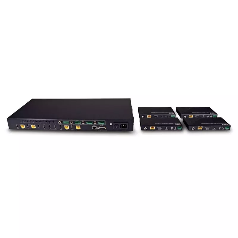 Lindy 150m Cat.6 4x4 HDMI 4K60 HDBaseT matricos plėtiklis, 3840 x 2160 pikseliai, AV siųstuvas ir imtuvas, 150 m, laidinis, juodas, HDCP
