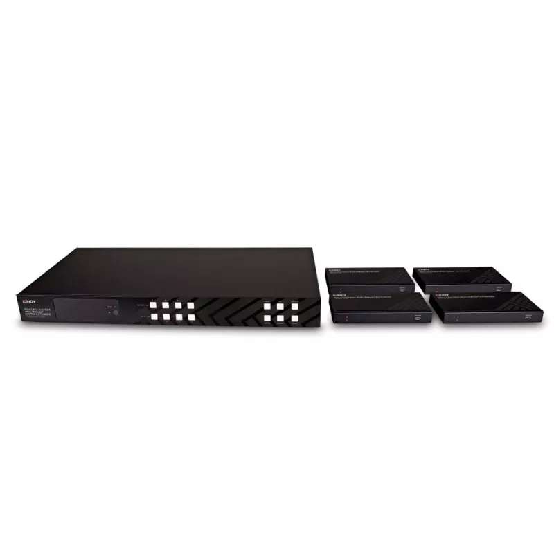 Lindy 150m Cat.6 4x4 HDMI 4K60 HDBaseT matricos plėtiklis, 3840 x 2160 pikseliai, AV siųstuvas ir imtuvas, 150 m, laidinis, juodas, HDCP