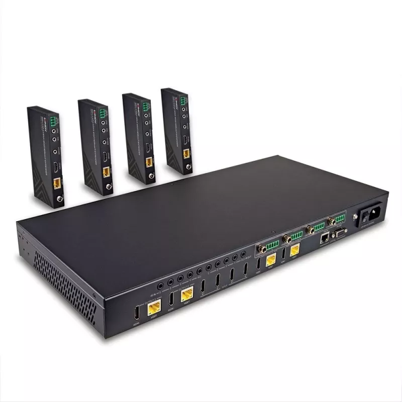 Lindy 150m Cat.6 4x4 HDMI 4K60 HDBaseT matricos plėtiklis, 3840 x 2160 pikseliai, AV siųstuvas ir imtuvas, 150 m, laidinis, juodas, HDCP