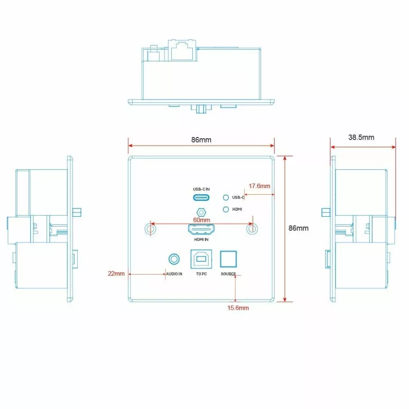 Lindy 150m Cat.6 HDMI 4K60 & Type C HDBaseT UK sieninė KVM plokštė, siųstuvas