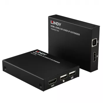 Lindy HDMI, KVM ir IR per IP plėstuvas, siųstuvas ir imtuvas, laidinis, 150 m, Cat5e, Cat6, juoda, metalas