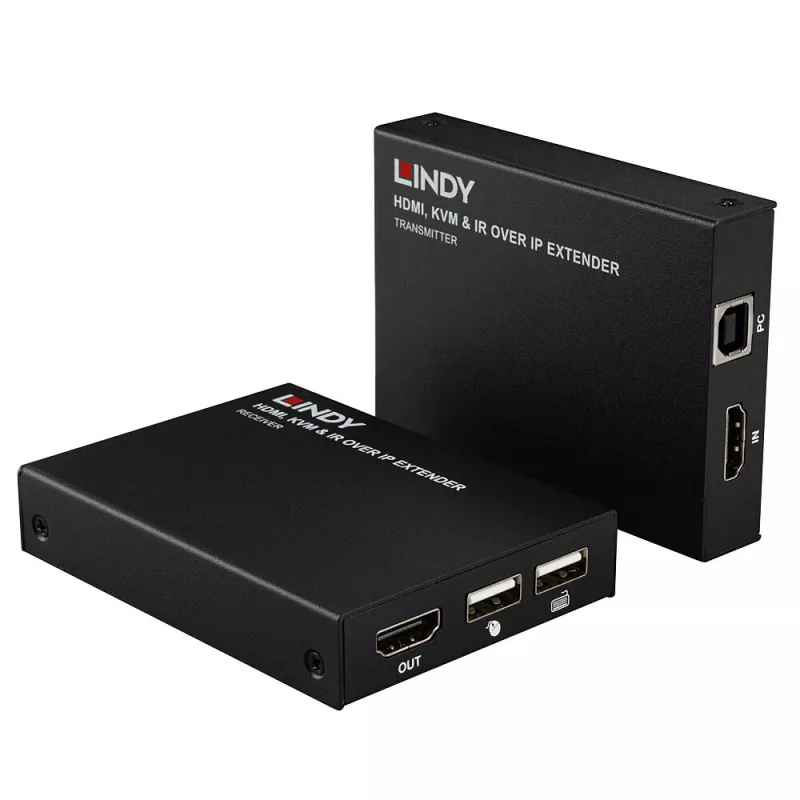 Lindy HDMI, KVM ir IR per IP plėstuvas, siųstuvas ir imtuvas, laidinis, 150 m, Cat5e, Cat6, juoda, metalas