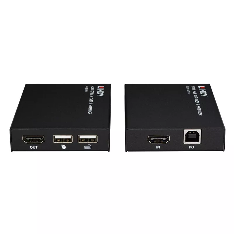Lindy HDMI, KVM ir IR per IP plėstuvas, siųstuvas ir imtuvas, laidinis, 150 m, Cat5e, Cat6, juoda, metalas