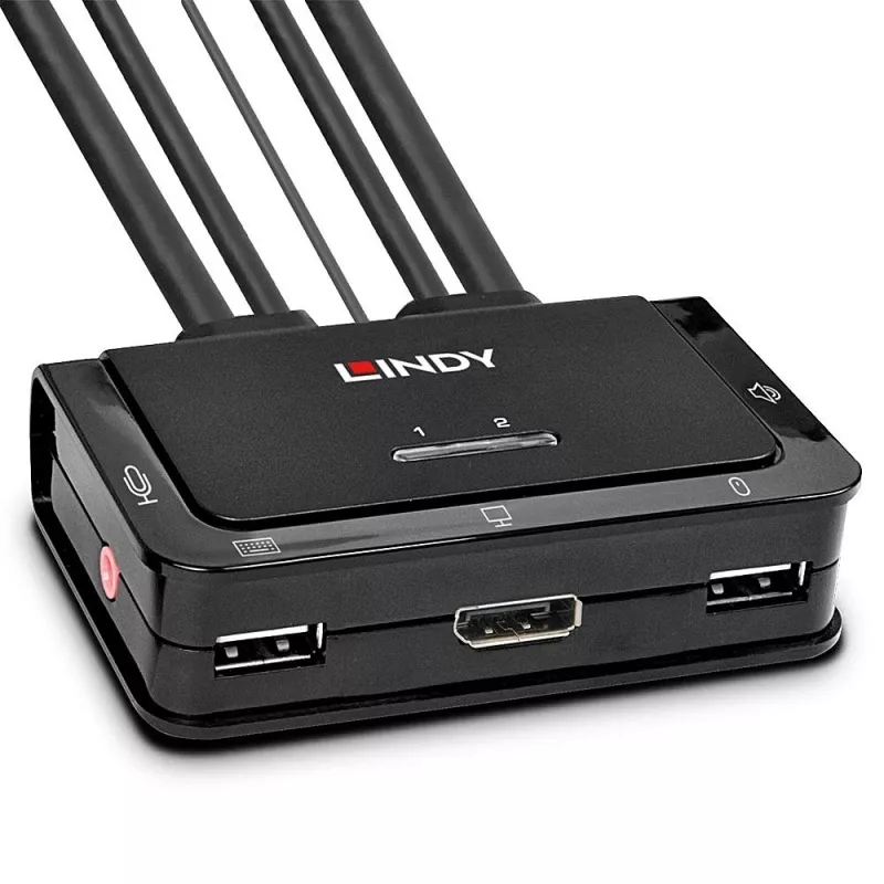 Lindy 2 prievadų DisplayPort 1.2, USB 2.0 ir garso kabelinis KVM jungiklis