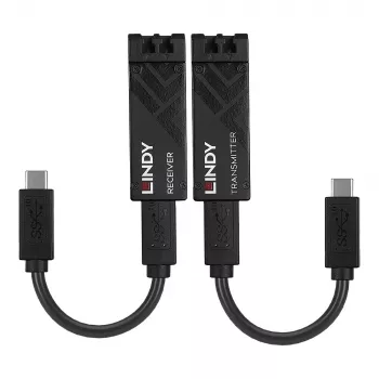 Lindy 100m šviesolaidinis USB 3.2 Type C ilgintuvas, tinklo siųstuvas ir imtuvas, 100 m, 10000 Mbit/s, šviesolaidis, USB 3.2 Gen 1 (3.1 Gen 1) Type-C, juoda