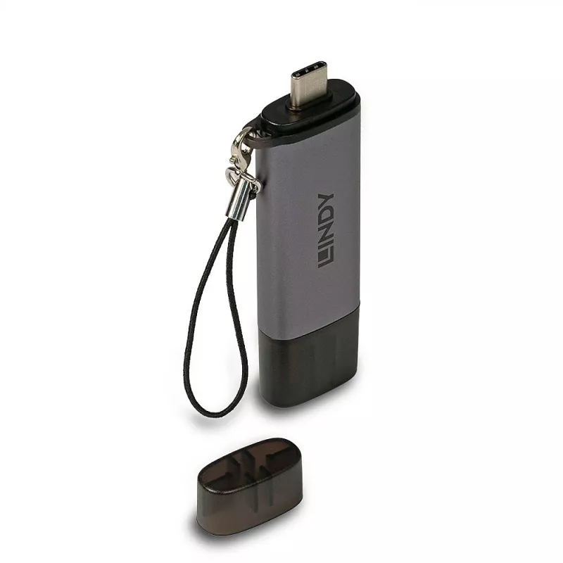 Lindy USB 3.2 Type C ir A SD / Micro SD kortelių skaitytuvas, MiniSD, SD, juoda, pilka, 5000 Mbit/s, USB 3.2 Gen 1 (3.1 Gen 1) A tipo / C tipo, 78,5 mm, 22,5 mm