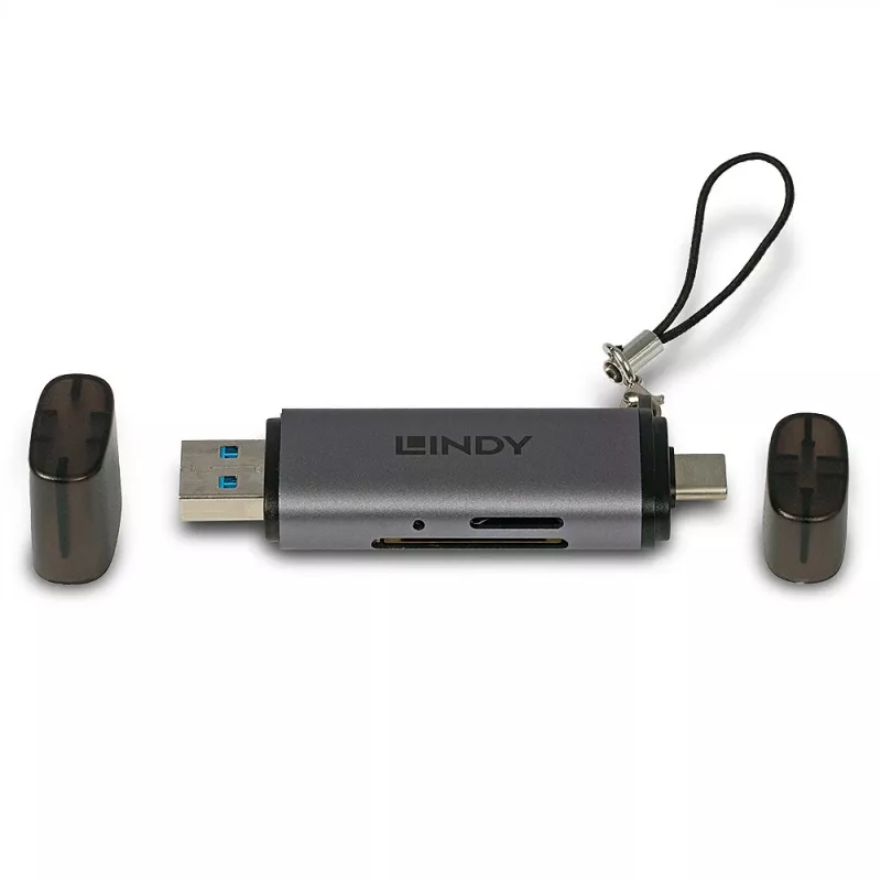 Lindy USB 3.2 Type C ir A SD / Micro SD kortelių skaitytuvas, MiniSD, SD, juoda, pilka, 5000 Mbit/s, USB 3.2 Gen 1 (3.1 Gen 1) A tipo / C tipo, 78,5 mm, 22,5 mm