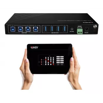 Lindy 4x4 USB 3.2 Gen 1 matricos komutatorius, 5 Gbit/s, juoda, metalinė, sukamoji, CE, FCC, RoHS & REACH, USB Type-A, USB Type-B