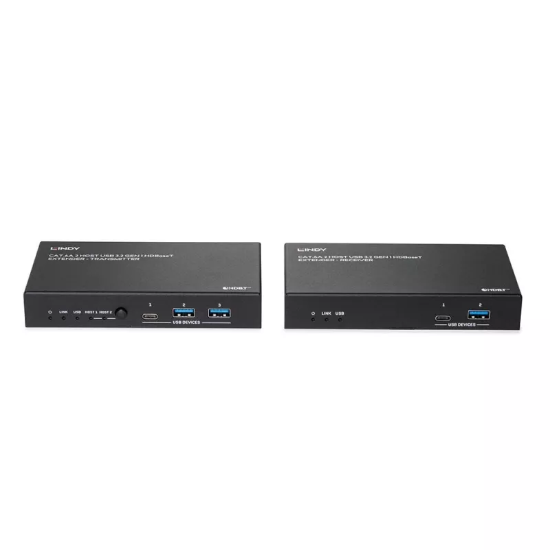 Lindy 100m Cat.6A 2 Host USB 3.2 Gen 1 HDBaseT plėtiklis, tinklo siųstuvas ir imtuvas, 100 m, 480 Mbit/s, Cat6a, VS6320, fosforinė bronza