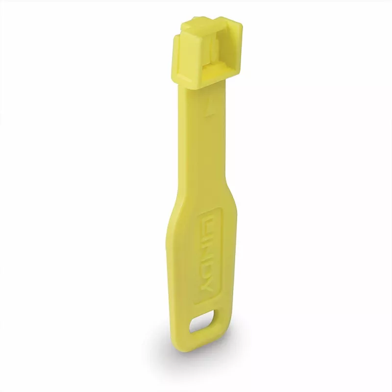 Lindy RJ45 prievadų blokatoriai geltoni, 10 vnt. + 1 raktas, prievado blokatorius + raktas, RJ-45, geltona, akrilnitrilo butadieno stirenas (ABS), 10 vnt., polietileninis maišelis