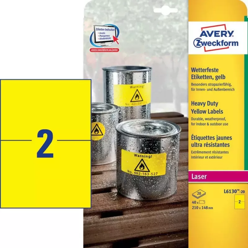 Lipnios etiketės Avery L6130-20 stačiakampės geltonos