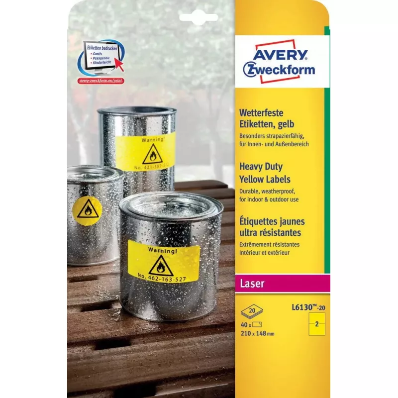 Lipnios etiketės Avery L6130-20 stačiakampės geltonos