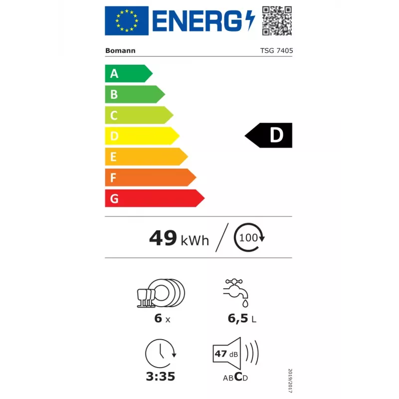 Stalinė indaplovė BOMANN TSG 7405, 6 vietų, 47 dB, 5 programos, Pilno dydžio