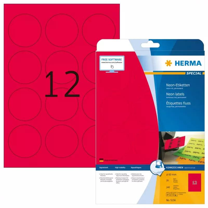 Lipnios spausdintuvo etiketės HERMA Neon etiketės A4 Ø 60 mm apvalios šviečiančios raudonos