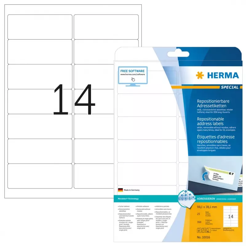 Perklijuojamos adresų etiketės HERMA 99,1x38,1 mm baltos 350 vnt.