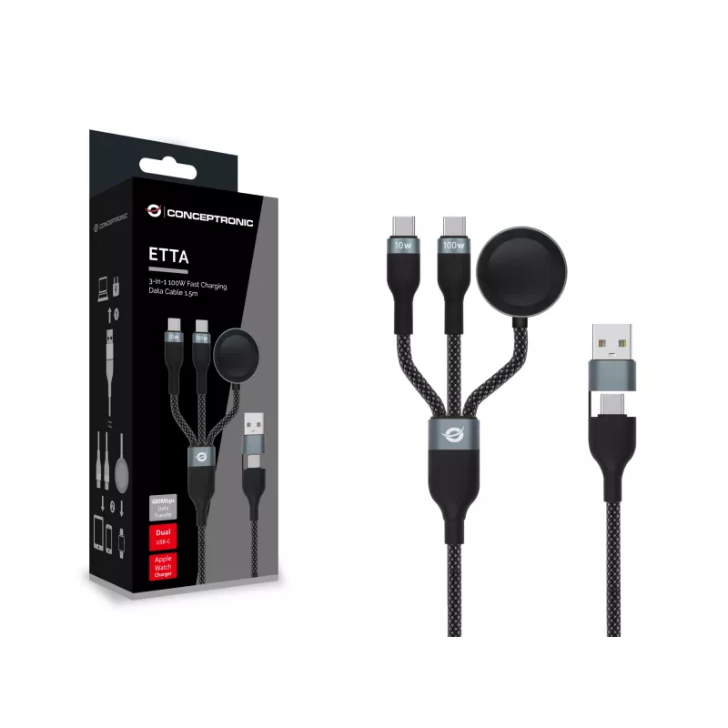 USB A į 2× USB-C 3-in-1 greito įkrovimo duomenų kabelis Conceptronic ETTA08B15 — 1,5 m, USB 2.0, 5 A, Apple Watch įkroviklis, 100 W E‑Mark