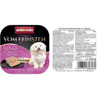 Šlapias šunų maistas animonda Vom Feinsten Gourmet Core — Vištiena, kiaušinis ir kumpis, 150 g dėklas, be grūdų, suaugusiems mažų veislių šunims (5–10 kg)