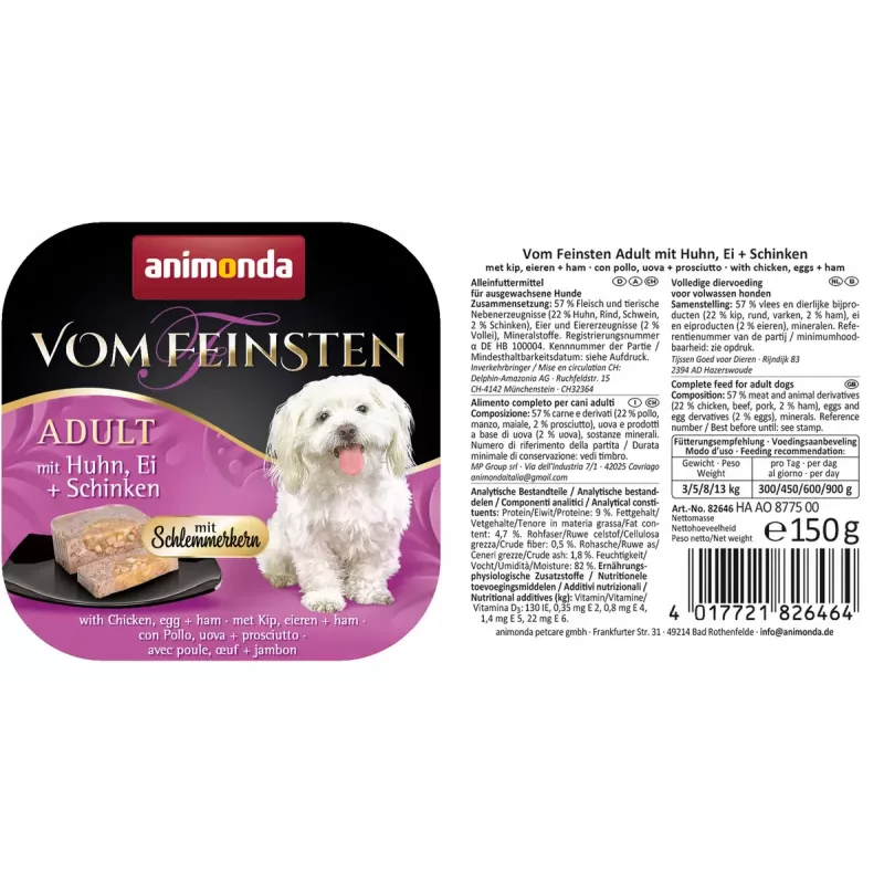 Šlapias šunų maistas animonda Vom Feinsten Gourmet Core — Vištiena, kiaušinis ir kumpis, 150 g dėklas, be grūdų, suaugusiems mažų veislių šunims (5–10 kg)