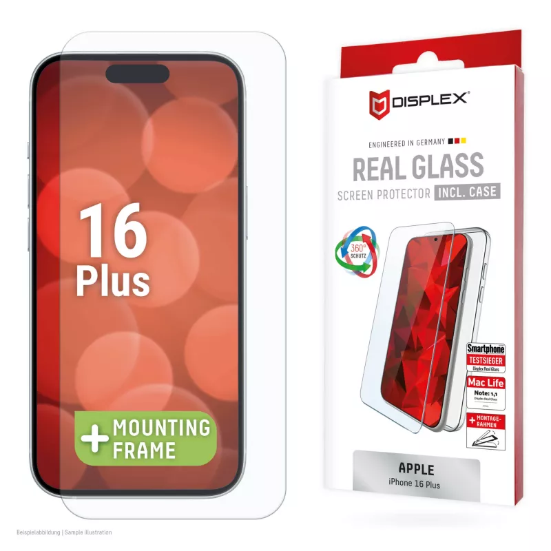 Displex ekrano apsauginė plėvelė + dėklas, skirtas Apple iPhone 16 Plus, EASY-ON® Eco tvirtinimo rėmelis, atspari įbrėžimams