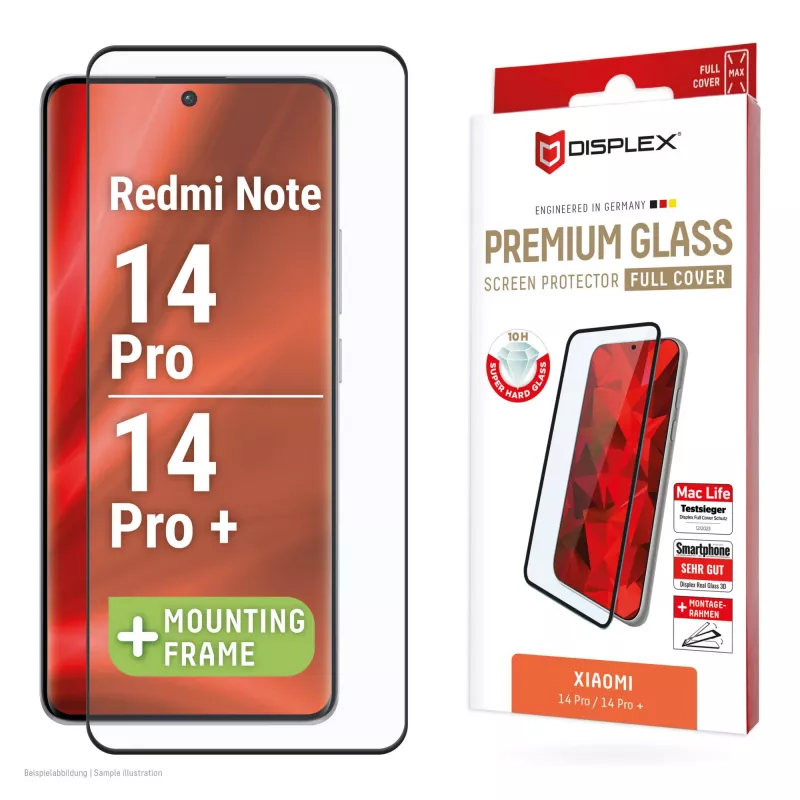Displex Premium Screen Protector (Full Cover, 10H) for Xiaomi Redmi Note 13 Pro+/Note 14 Pro(+), Eco Mounting Frame, Full Cover