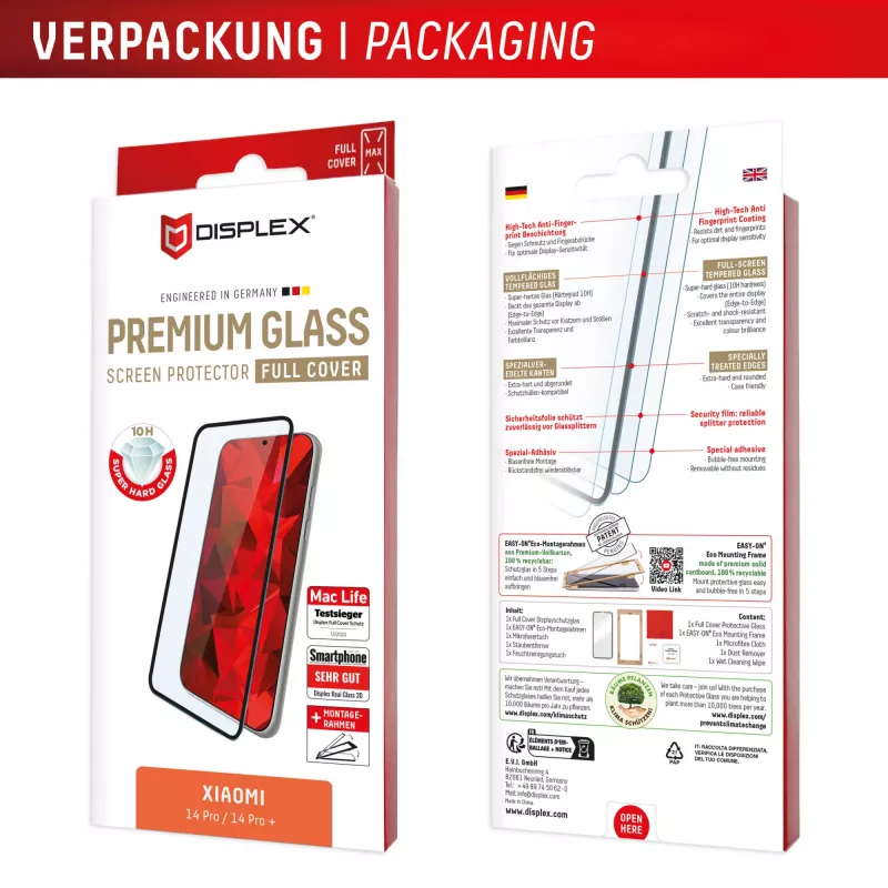 Displex Premium Screen Protector (Full Cover, 10H) for Xiaomi Redmi Note 13 Pro+/Note 14 Pro(+), Eco Mounting Frame, Full Cover