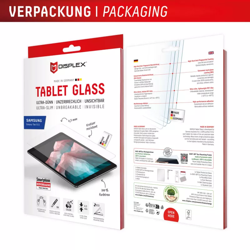 “Displex” planšetės stiklas (9H) skirtas “Samsung Galaxy Tab S11”, su “Eco” tvirtinimo rėmeliu, nesudužtantys