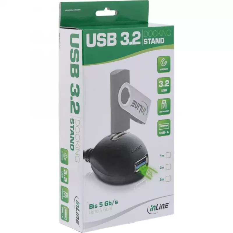 „InLine“ USB 3.2 Gen.1 laidas USB Type A M / A F + maitinimas, su stovu, juodas, 2 m