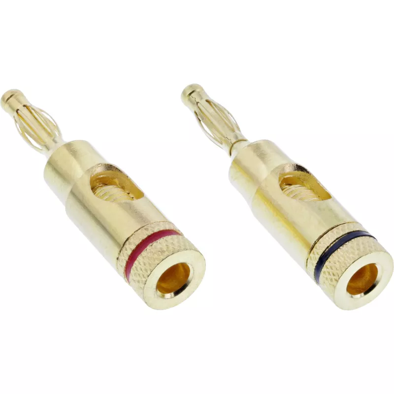 Sraigtinis gnybtas (banano kištuko varžtas) InLine metalinis auksuotas, 1x raudonas + 1x juodas