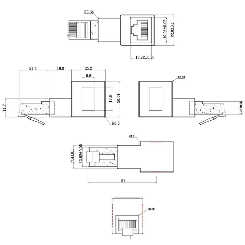 InLine pataisymo laido adapteris Cat.6A, RJ45 kištukas / lizdas, 90° kampu žemyn