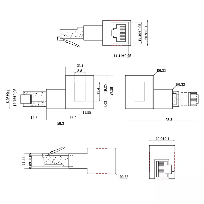 InLine pataisos laido adapteris Cat.6A, RJ45 kištukas / lizdas, kampuotas 90° į kairę
