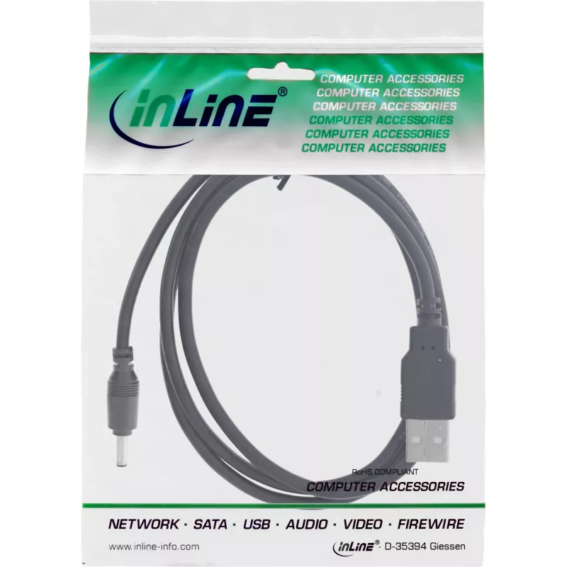 InLine USB nuolatinės srovės maitinimo adapterio laidas, USB A kištukas į DC kištuką 4,0 x 1,70 mm, juodas, 1 m