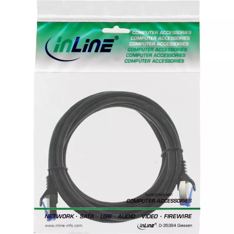 InLine komutacinis kabelis, Cat.6A, S/FTP, TPE lankstus, juodas, 0,25 m