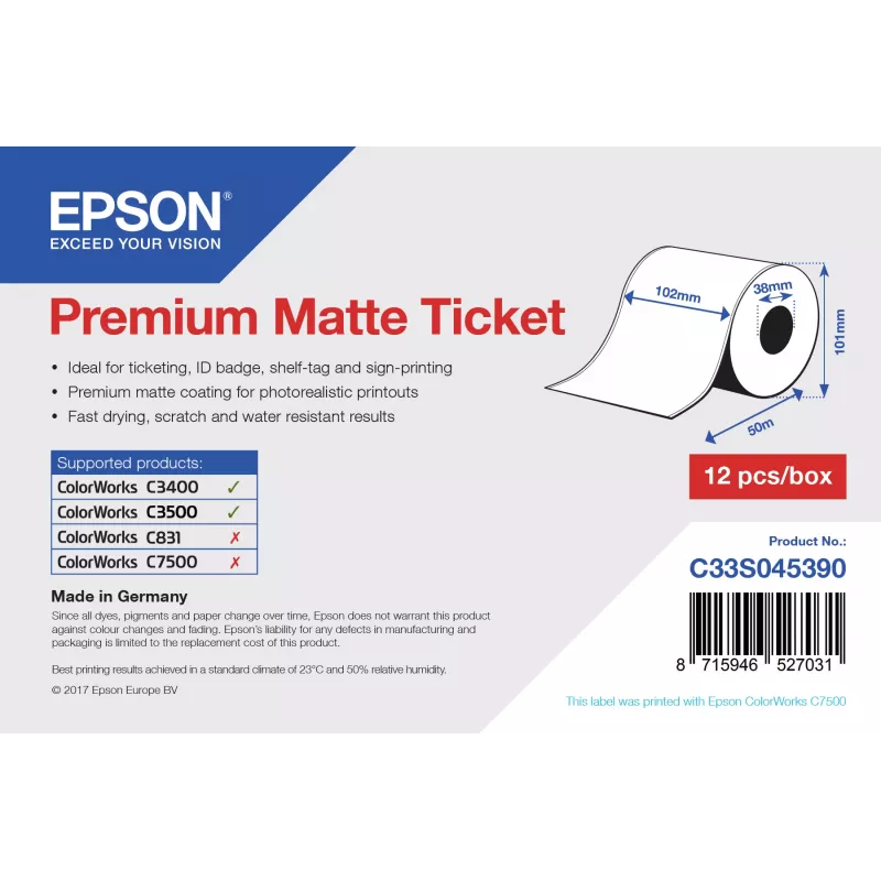 Epson Premium Matte Ticket - Roll: 102mm x 50m, Matte, 107 g/m², 1 vnt., 114 mm, 104 mm, 120 mm