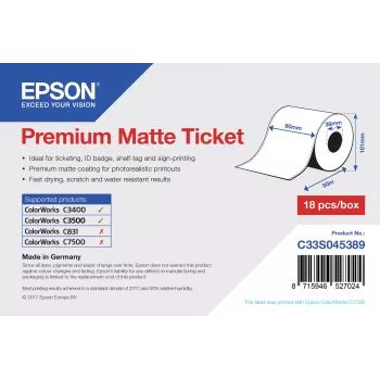 Epson Premium Matte Ticket - Roll: 80mm x 50m, Matte, 107 g/m², 1 vnt., 107 mm, 108 mm, 89 mm