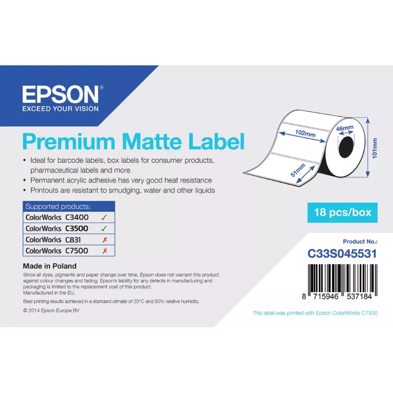 Epson Premium Matte Label - štampuotas rulonas: 102 mm x 51 mm, 650 etikečių