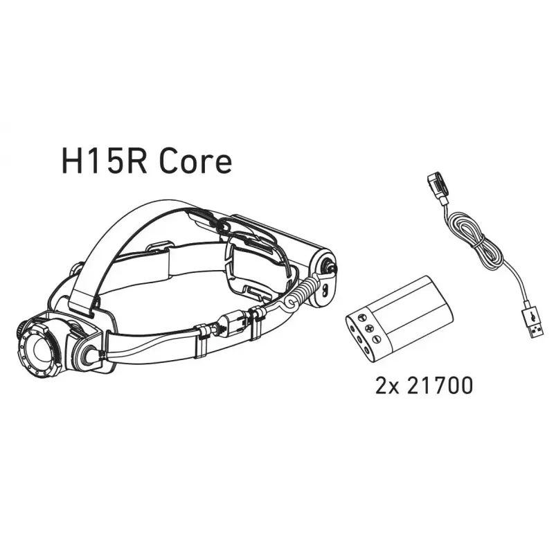 Priekinis žibintuvėlis Led Lenser H15R Core — ant galvos nešiojamas LED žibintuvėlis, 2500 lm, 21700 įkraunama baterija, IP67, 250 m spindulys, 4 galios lygiai, aliuminis, juodas