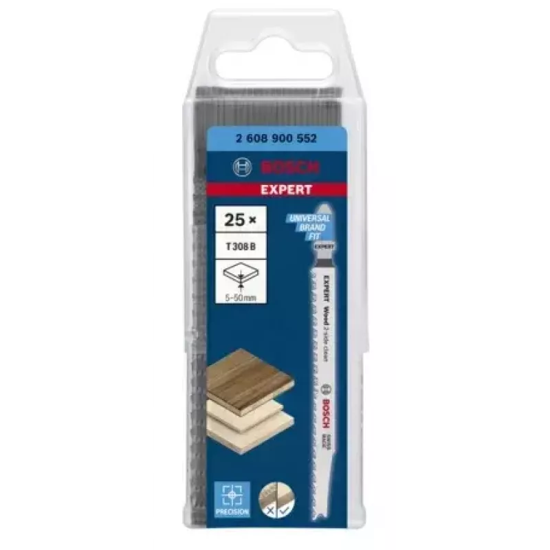 Bosch EXPERT 'WOOD 2-SIDE CLEAN' T 308 B siaurapjūklio peiliukas, pagamintas iš daug anglies turinčio plieno (HCS), 25 vnt.