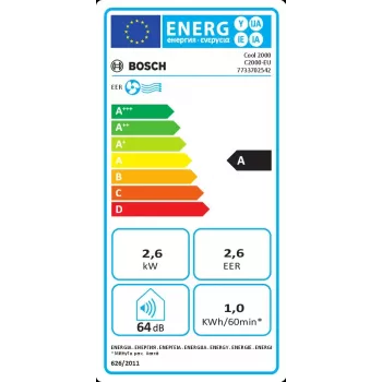 Nešiojamasis oro kondicionierius Bosch Cool 2000 — baltas, A klasė, 1 kWh/val., R290, iki 88 m³