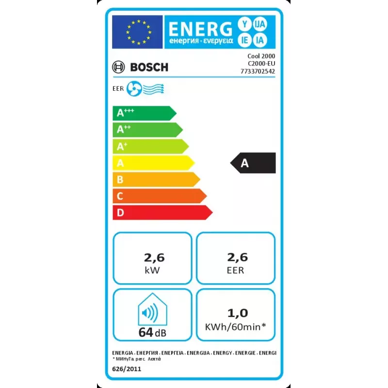 Nešiojamasis oro kondicionierius Bosch Cool 2000 — baltas, A klasė, 1 kWh/val., R290, iki 88 m³