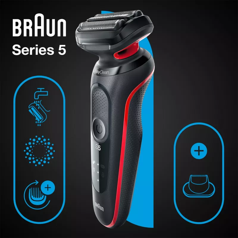Braun Series 5 51-R1200S vyriška barzdaskutė Folijinė barzdaskutė Apdailos peiliukas Juoda, Raudona