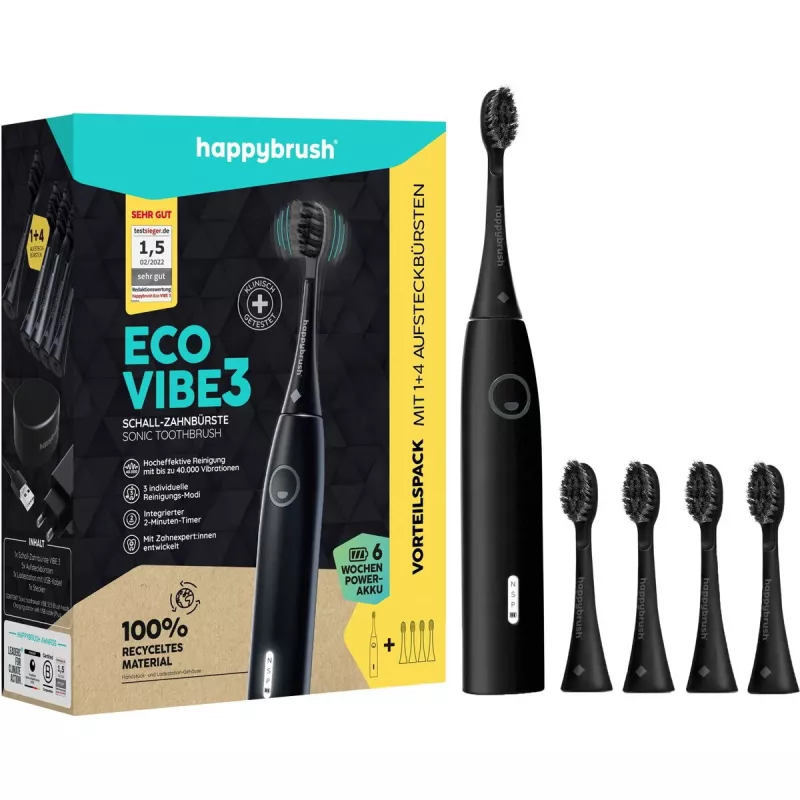 Elektrinis dantų šepetėlis Happybrush ECO VIBE 3 Starter Kit All Juoda + 4 keičiamos galvutės