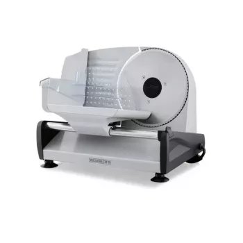 Elektrinė maisto pjaustyklė HEINRICH'S HMA 8704 — kompaktiškas metalinis korpusas, 200 W, 1–15 mm pjūvio storis, Ø nerūdijančio plieno peilis