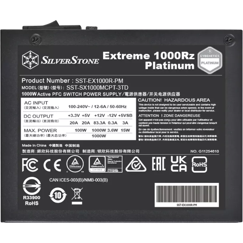 Silverstone Technology Extreme 1000Rz Platinum (juoda, 2x 12 kontaktų didelės galios GPU, 8x PCIe, kabelių tvarkymas, 1000 vatų)