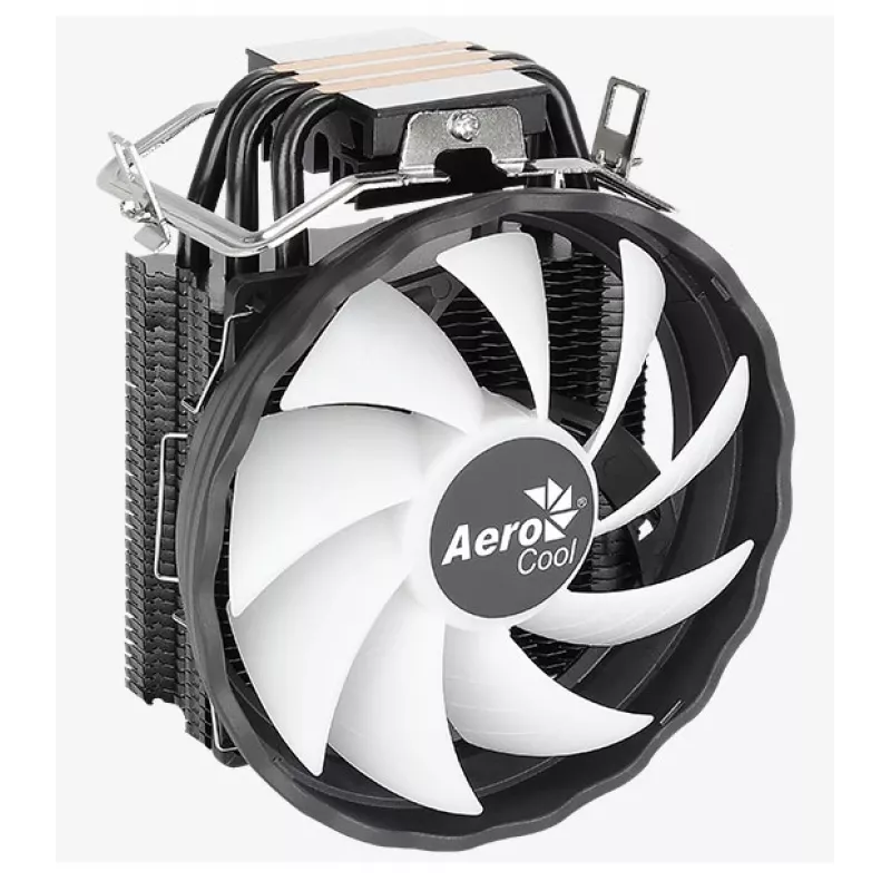 Oro aušintuvas AEROCOOL Rave 3 FRGB 120 mm juodas baltas — 4 šilumos vamzdeliai, ARGB, hidraulinis guolis, 1800 RPM