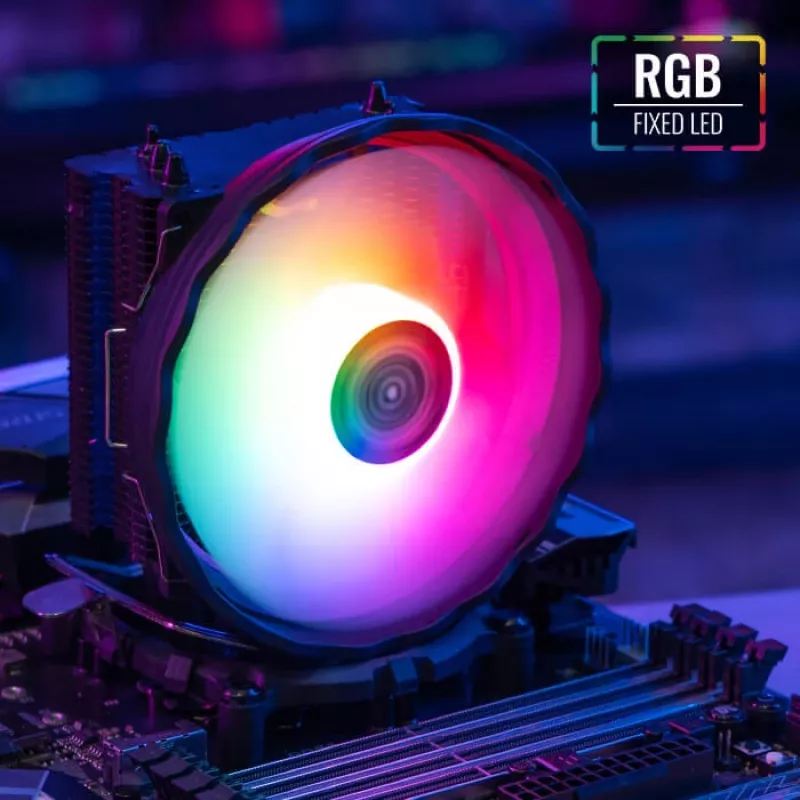 Oro aušintuvas AEROCOOL Rave 3 FRGB 120 mm juodas baltas — 4 šilumos vamzdeliai, ARGB, hidraulinis guolis, 1800 RPM