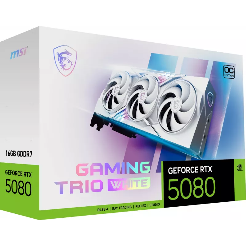 Vaizdo plokštė MSI GeForce RTX 5080 16 GB GDDR7, PCIe 5.0, 256-bit, 3xDP 2.1a + HDMI 2.1b, 360W, 3 ventiliatoriai, Balta
