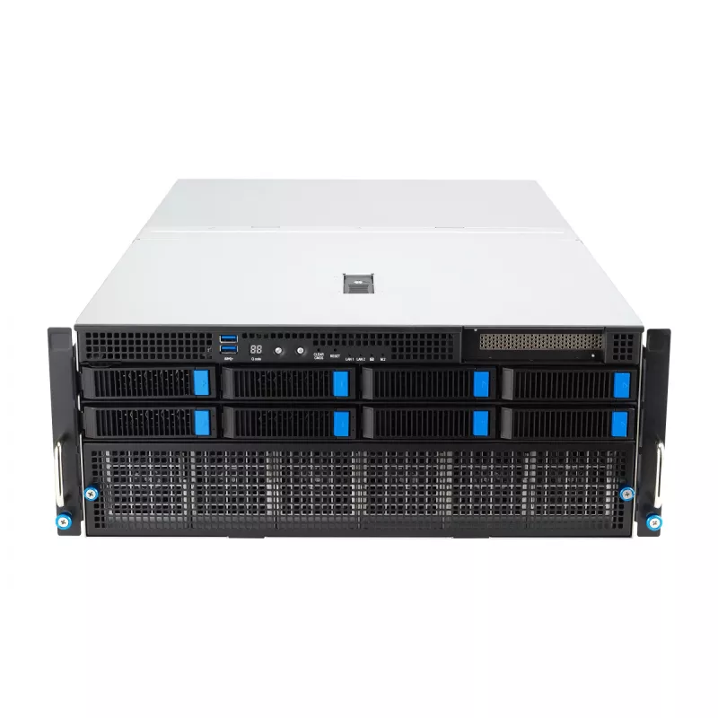 Stovo serveris ASUS ESC8000A-E12-SKU2 (4U) — palaiko 2× AMD EPYC 9004, DDR5 iki 6 TB, 24 DIMM, 3000 W maitinimo šaltinis