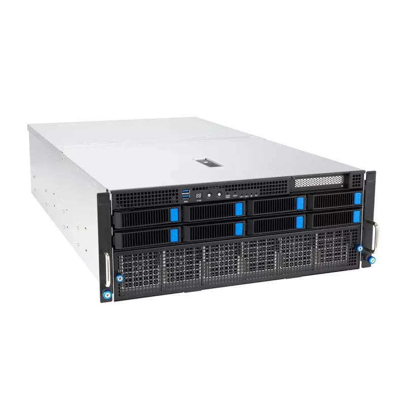 Stovo serveris ASUS ESC8000A-E12-SKU2 (4U) — palaiko 2× AMD EPYC 9004, DDR5 iki 6 TB, 24 DIMM, 3000 W maitinimo šaltinis