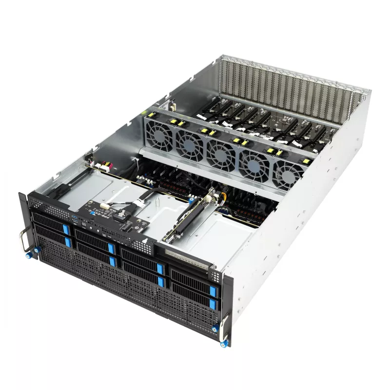 Stovo serveris ASUS ESC8000A-E12-SKU2 (4U) — palaiko 2× AMD EPYC 9004, DDR5 iki 6 TB, 24 DIMM, 3000 W maitinimo šaltinis